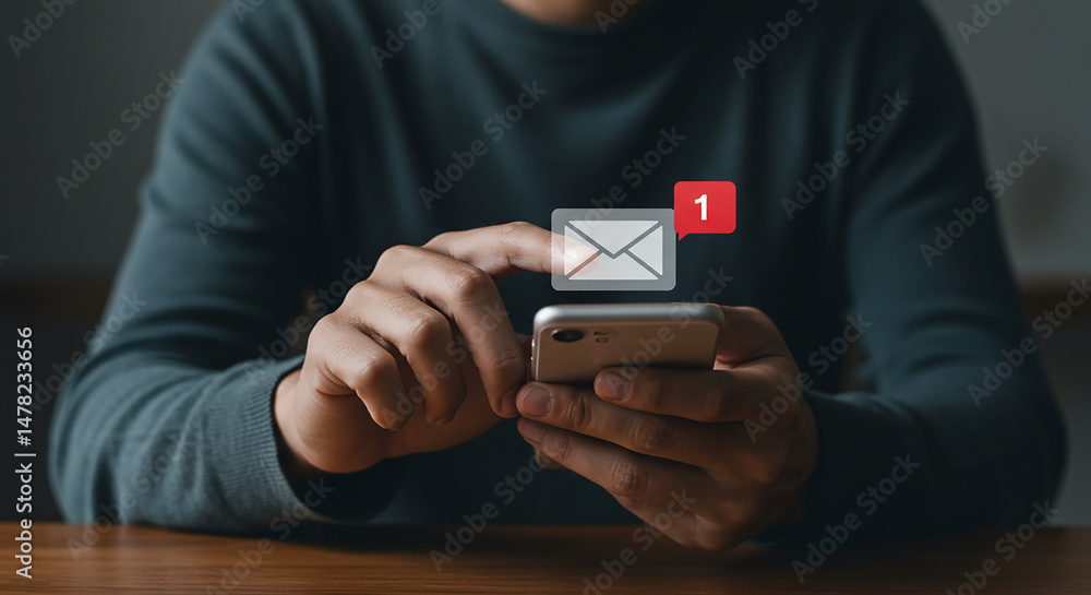 Poster person holding smartphone with new email notification displayed on the screen of mobile device use o
