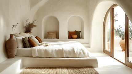 Fototapeta premium Serene minimalist bedroom with natural light, earthy tones, and cozy decor, creating a tranquil atmosphere