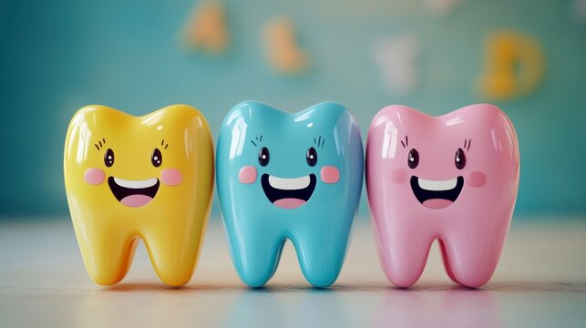 Three cute cartoon teeth in yellow, blue, and pink, smiling.