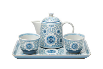 PNG Elegant blue floral tea set with teapot, two cups, and tray