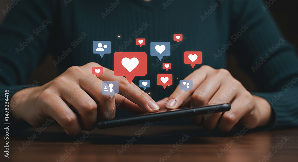 Poster person using smartphone with social media like and follower notifications around the screen shown ab