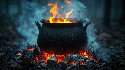 Forest cauldron bubbling over logs