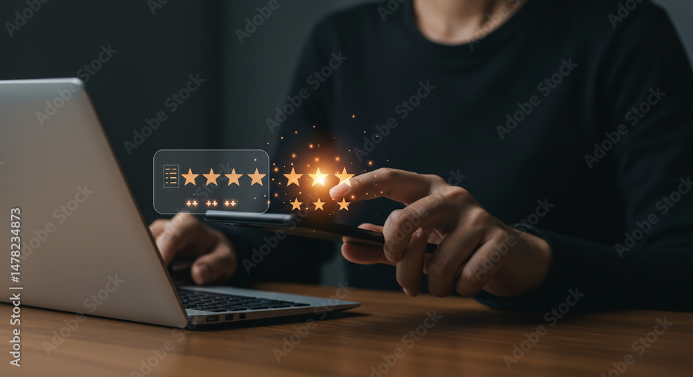 Poster a person using a laptop and giving a five star rating with glowing stars on a digital interface