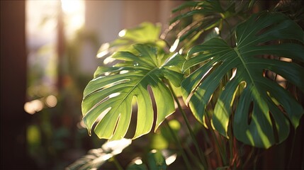  Lush Monstera Philodendron leaves in a natural setting, illuminated by soft sunlight filtering through the trees