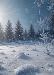 Fototapeta premium Frozen, crystalline scene; snowflakes gently falling against a frosted background , serene, winter background