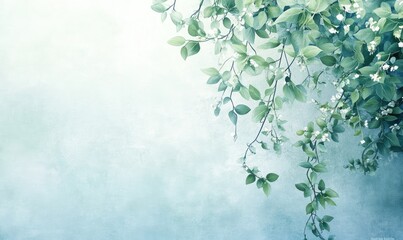 Delicate, light teal backdrop with hanging greenery and small white blossoms