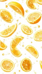 Fresh lemon slices in mid-air, with water droplets