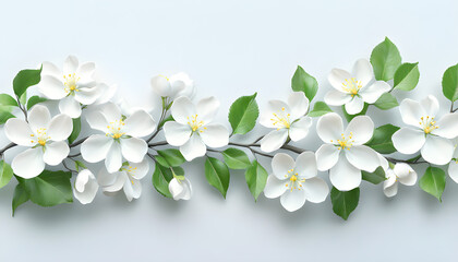 Fototapeta premium White blossoms and green leaves are arranged in a corner on a white background