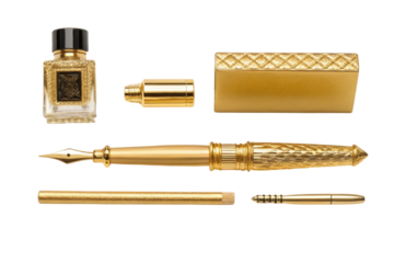 PNG Luxurious gold writing set with pen, ink bottle, and elegant accessories