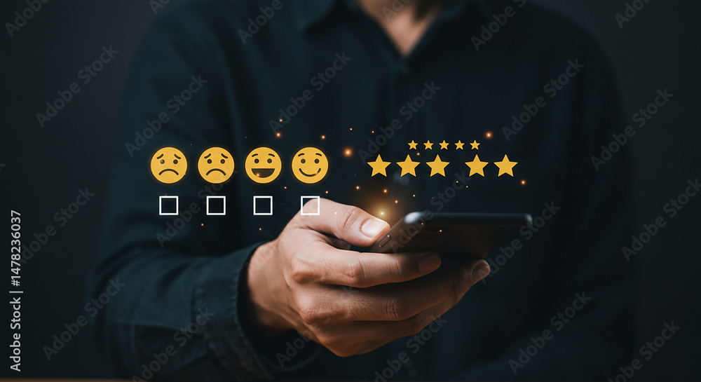 Poster a person is holding a phone with rating stars and emotion faces displayed on the screen above the ph