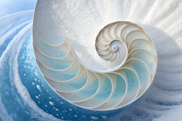 Cross section of a nautilus shell reveals beautiful spiral geometric patterns and blue tones