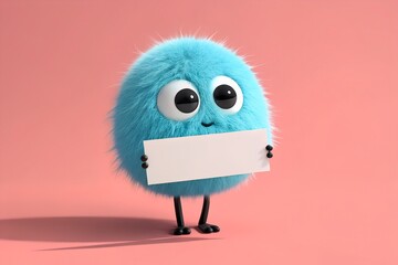 Obraz premium Cute blue furry monster holding a blank sign against a pink background