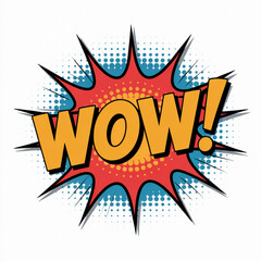 Wow comic book style explosion with bold yellow text and halftone background for pop art expression or promotional graphics

