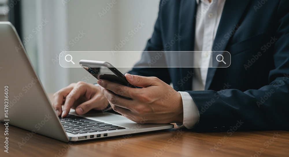 Poster a person in a suit using a laptop and holding a phone with a search bar overlayed on the image