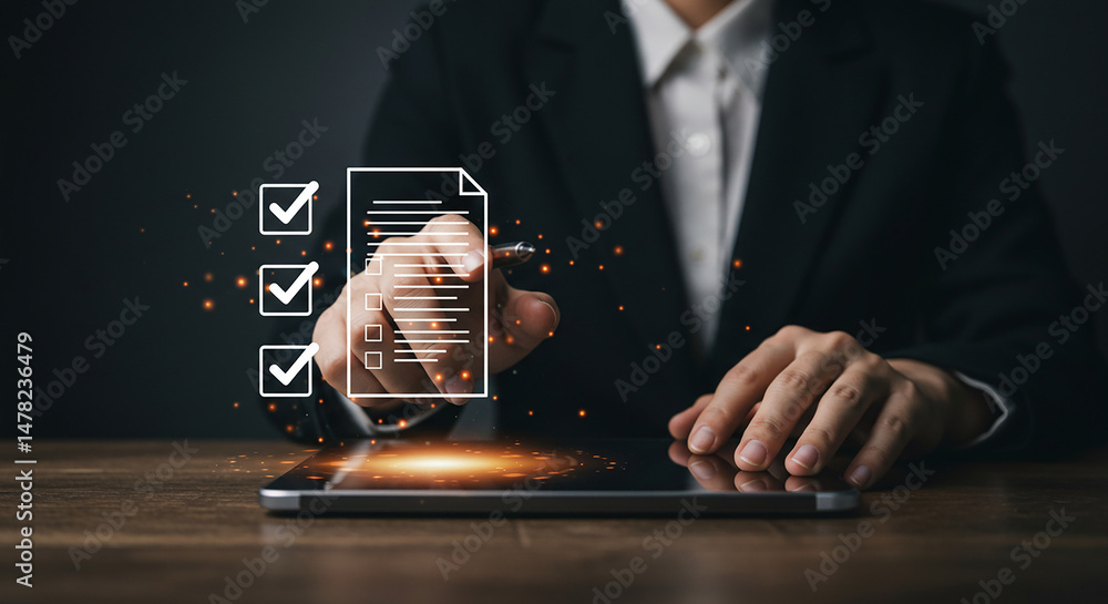 Poster a person in a suit completing a digital checklist on a tablet with a stylus on a wooden surface