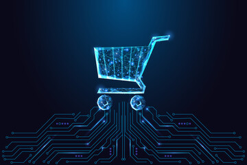 Smart retail and digital shopping concept with glowing cart and circuit board, vector illustration © Inna