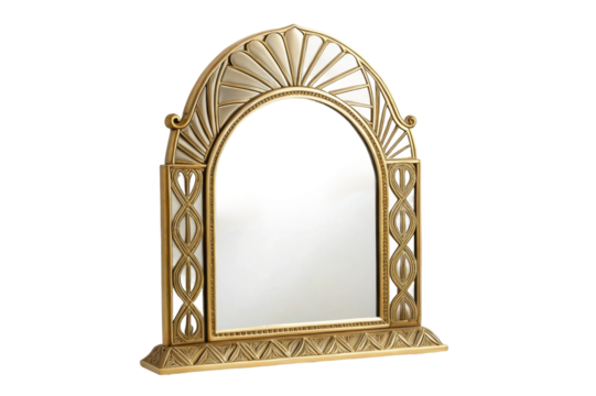 PNG Vintage gold arched mirror with ornate frame and sunburst design