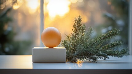 Decorative orange sphere and green pine branch on wooden surface with soft sunrise lighting