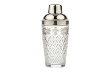 PNG Elegant crystal cocktail shaker with silver accents on black background