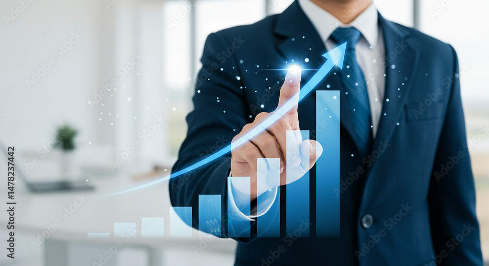 Poster a businessman pointing at a rising graph with an arrow in a suit against a blurred background scene 