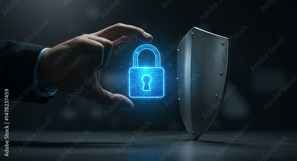 Poster a hand holding a glowing padlock with a shield in the background representing data security protecti
