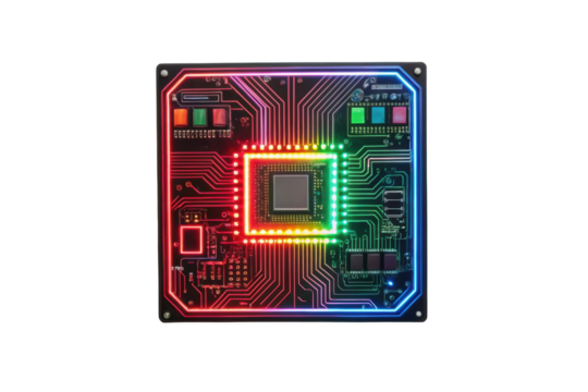 PNG Colorful led-outlined circuit board with central microchip on black background