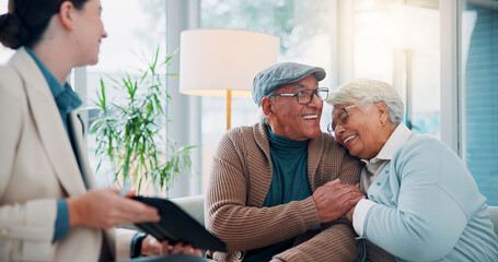 Tablet, lawyer and senior couple in office, pension fund and retirement with savings, smile and...