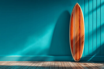 Sunlight streaming into a modern room with teal walls and wood floor illuminates a wooden surfboard leaning against the wall, evoking a sense of summer and surf adventures.International Surfing Day