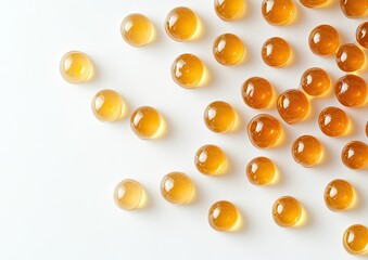 Fototapeta premium Golden translucent spheres scattered on white background
