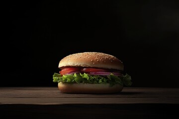 Single burger on rustic wooden table