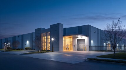 Modern industrial facility exterior showcasing clean architectural lines and soft ambient lighting