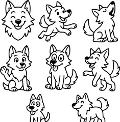 Fototapeta premium Cartoon wolf icons set – silhouette, playful and simple animal designs