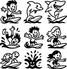 Obraz premium Surfing adventure icons set – silhouette, beach fun and aquatic sport graphics