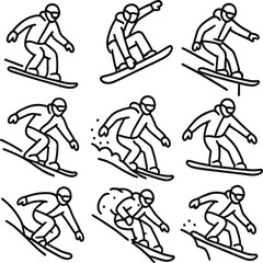 Snowboarder silhouettes icons set – adventure, simple ski and winter sports designs