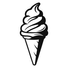 This stylized, black and white graphic depicts an ice cream cone filled with a swirl of ice cream.