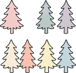 Obraz premium Pastel fir trees icons set – silhouette, simple and minimalist pine designs