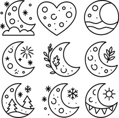 Fototapeta premium Festive lunar phases icons set – outline, celestial and moon symbol collection