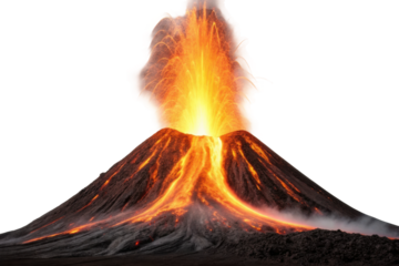 PNG Erupting volcano with fiery lava and ash explosion at night