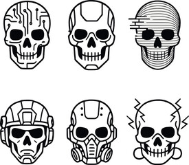Futuristic cyber skulls icons set – outline, tech-themed and robotic symbols