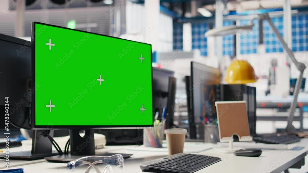 Poster copy space screen pc in photovoltaics factory used to manage system performance. chroma key on compu