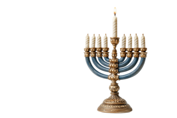 PNG Elegant brass menorah with nine lit candles on black background