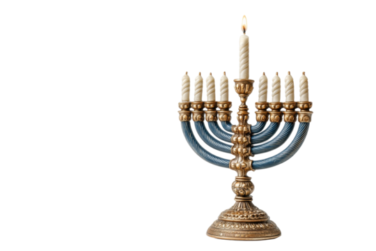 PNG Elegant brass menorah with nine lit candles on black background