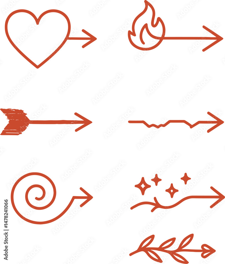 Poster creative red arrows icons set – outline, simple navigation and direction symbols