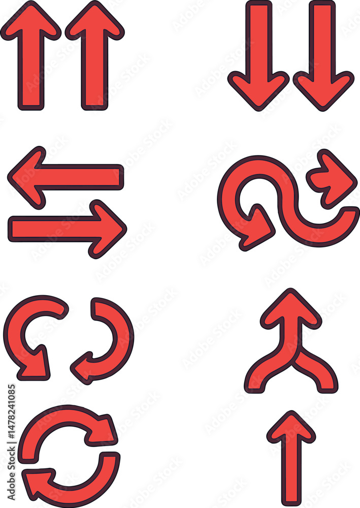 Poster red arrow silhouette icons set – bold directional symbols for navigation and pointers