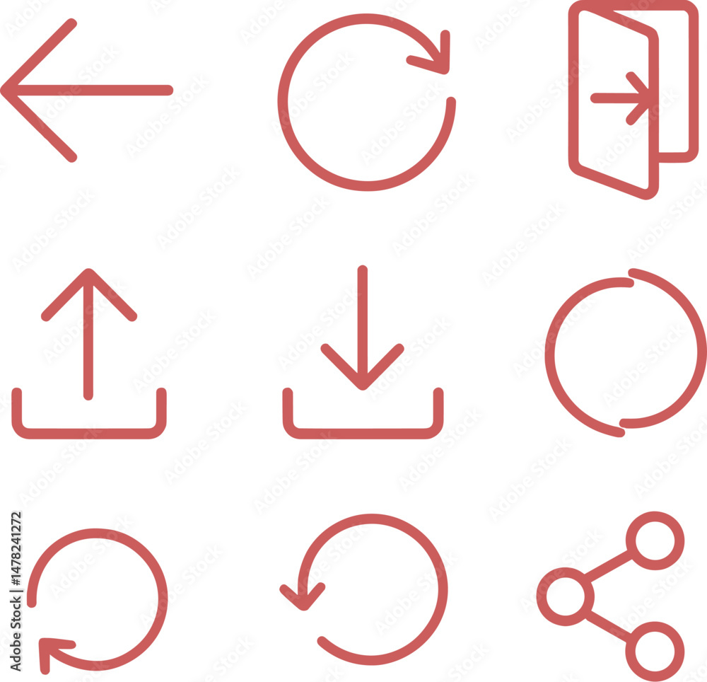 Poster red navigation arrows icons set – outline, direction and movement vector symbols