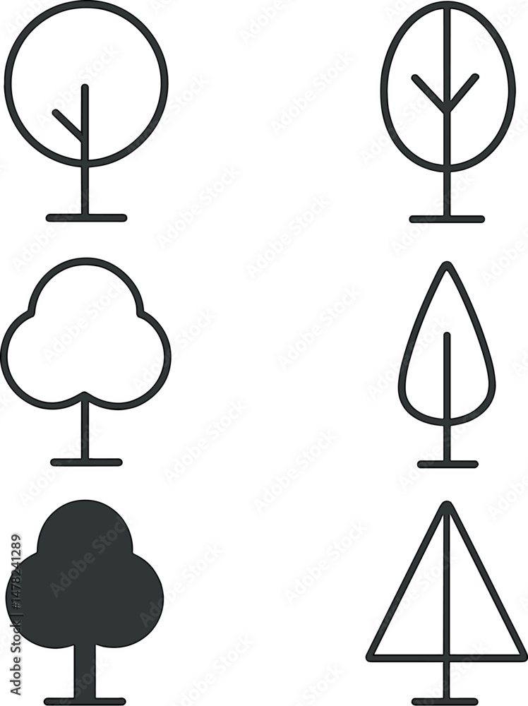 Poster minimalist tree icons set – outline, nature and simple design elements