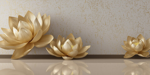 Minimalist composition of three golden lotus flowers on reflective glossy surface with textured wall backdrop
