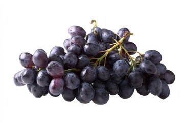 A bunch of dark-purple grapes, glistening with moisture, sits against a stark white background.