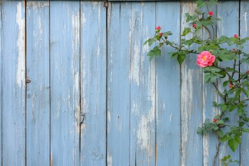 Light blue weathered wooden fence with pink roses
