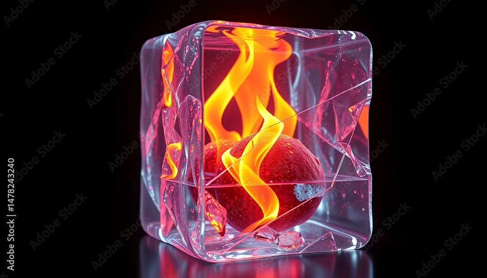 Poster isometric 3d render of a cube with fire and red ball isolated on dark background perfect for vfx gam